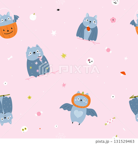 Cute Halloween Bat Seamless Pattern with Pumpkins and Spooky Elements Cute Halloween Bat Seamless Pattern with Pumpkins and Spooky Elements 131529463