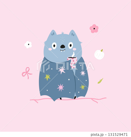 Cute Halloween Bat Character Drinking Hot Cocoa. Cute Halloween Bat Character Drinking Hot Cocoa. 131529471