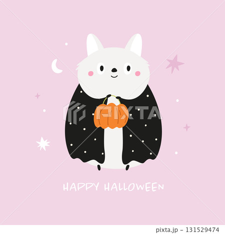 Cute Halloween Bat Character Holding a Pumpkin 131529474