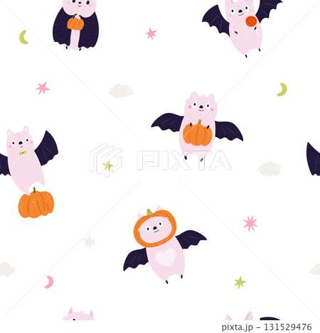 Cute Halloween Bat Seamless Pattern with Pumpkins. 131529476