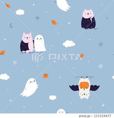 Cute Halloween Bat and Ghost Seamless Pattern on Blue Background 131529477