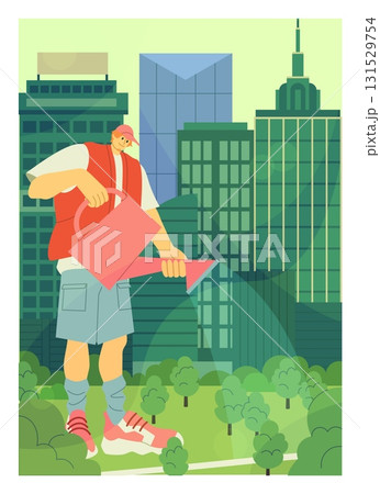 City building. Man watering flowers in urban park. Big guy with water can. Tiny downtown skyscraper towers. Volunteer caring of green trees. Summer nature. Eco activist. Young gardener. Vector concept City building. Man watering flowers in urban park. Big guy with water can. Tiny downtown skyscraper towers. Volunteer caring of green trees. Summer nature. Eco activist. Young gardener. Vector concept 131529754