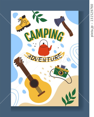 Camping adventure poster. Travel and tourism flyer. Guitar, picnic equipment on abstract background. Card design. Advertising template. Recreation on nature. Vector cartoon flat isolated illustration 131529760