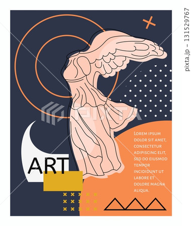 Greek sculpture poster. Art creative design. Ancient classic traditional roman woman statue with wings. Geometric background. Creative flyer or banner design. Vector cartoon flat style illustration Greek sculpture poster. Art creative design. Ancient classic traditional roman woman statue with wings. Geometric background. Creative flyer or banner design. Vector cartoon flat style illustration 131529767
