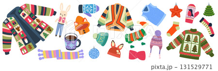 Casual attire. Crochet clothes. Christmas cartoon clothing for cold season. December holiday. Colorful decoration. Scandinavian knit. Winter fashion. Cozy sweater or scarf. Vector handmade outfits set Casual attire. Crochet clothes. Christmas cartoon clothing for cold season. December holiday. Colorful decoration. Scandinavian knit. Winter fashion. Cozy sweater or scarf. Vector handmade outfits set 131529771