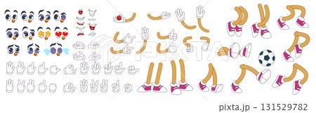 Retro cartoon hand and leg. 50s comic character construction kit. Vintage mascot creator. Funny face emotion expressions. Arm poses. Funky gloves and shoes. Groovy limb gesture. Vector animation set Retro cartoon hand and leg. 50s comic character construction kit. Vintage mascot creator. Funny face emotion expressions. Arm poses. Funky gloves and shoes. Groovy limb gesture. Vector animation set 131529782