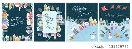 Christmas background. Xmas banner with snow, people celebrating, Santa flying on sleigh sky. Winter houses, holiday trees. Festive lights on snowy buildings. Vector greeting card design, cartoon set Christmas background. Xmas banner with snow, people celebrating, Santa flying on sleigh sky. Winter houses, holiday trees. Festive lights on snowy buildings. Vector greeting card design, cartoon set 131529783