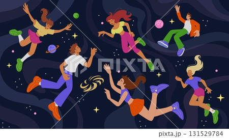 Idea flying cosmos. People in galaxy are exploring. Search for person reaching. Character discovers universe, metaphor of innovation. Vector space tidy tech, cartoon flat style isolated illustration 131529784