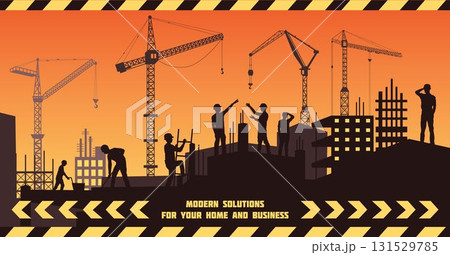 Construction site. Tower cranes black silhouette. Engineers working. City infrastructure background. Workers team. Building development. Gradient sunset. Striped frame. Vector tidy cityscape design 131529785