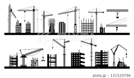 Tower crane silhouette. Steel frame machine. Urban construction site. Engineering blueprint black outlines. City development. Architecture graphic backgrounds set. Vector industrial tidy structure 131529786