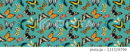 Seamless butterfly. Pattern texture. Wallpaper background design. Flying insect illustration. Colours of watercolor. Abstract wings print. Decor textile, wrapping paper. Print for fabric vector nature 131529790