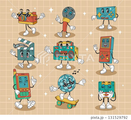 Retro cartoon mascot. Vintage tech. Old TV and computer. Funky phone. Doodle sticker in groovy style. Tetris or boombox walking. Happy faces. Trendy graphic cute characters set. Vector tidy design 131529792