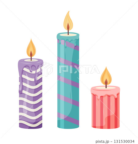 Three colorful striped candles with melting wax and flames 131530034
