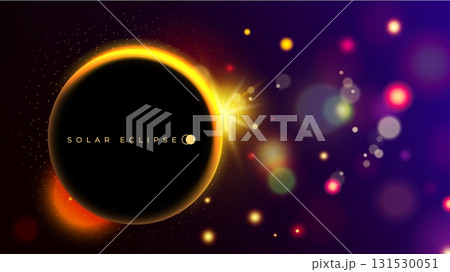 Solar eclipse background. Light effect. Glowing ring circle. Sun in sky. Moon dark shadow. Flare energy. Shining yellow. Elegant glare. Bokeh space glitter. Galaxy star rays. Vector magic round frame Solar eclipse background. Light effect. Glowing ring circle. Sun in sky. Moon dark shadow. Flare energy. Shining yellow. Elegant glare. Bokeh space glitter. Galaxy star rays. Vector magic round frame 131530051
