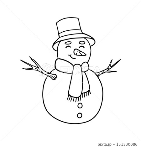 Cheerful snowman with top hat and a scarf. Hand drawn illustration in line style. Cheerful snowman with top hat and a scarf. Hand drawn illustration in line style. 131530086