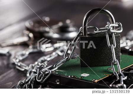 The hard disk is encased in metal chains that emphasize the high level of cyber security 131530139