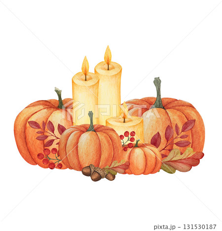 Watercolor illustration of orange pumpkins, burning candle, acorns, dry leaves, red berries on white background. Perfect for Thanksgiving greetings, postcards, invitations, Halloween,food packaging. 131530187