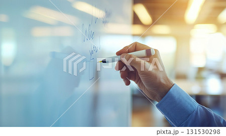ホワイトボードにマーカーで書き込む男性の手元 131530298