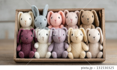 Colorful Felt Bunny Toys In Wooden Box. Handmade Craft Display For Home Decor And Gifts Colorful Felt Bunny Toys In Wooden Box. Handmade Craft Display For Home Decor And Gifts 131530325