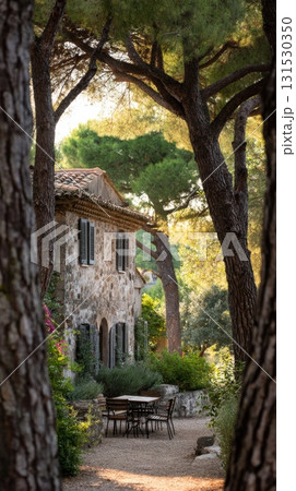 Stone House Surrounded By Lush Greenery And Trees With Outdoor Seating. Tranquil Countryside Retreat 131530350