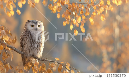 Owl Perched On Branch Surrounded By Autumn Leaves. Serene Wildlife Scene In Golden Fall Setting 131530370