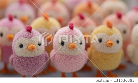 Plush Toy Chicks In Soft Pastel Colors. Cute And Adorable Easter Decorations 131530383