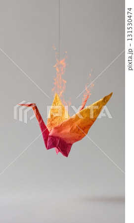 Origami Crane On Fire Suspended In Mid-Air. Symbol Of Transformation And Impermanence 131530474