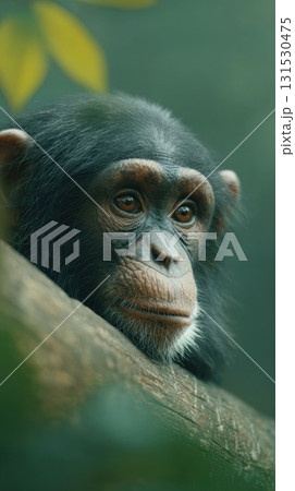Young Chimpanzee Resting On Tree Branch In Natural Habitat. Wildlife Conservation And Primate Behavior 131530475