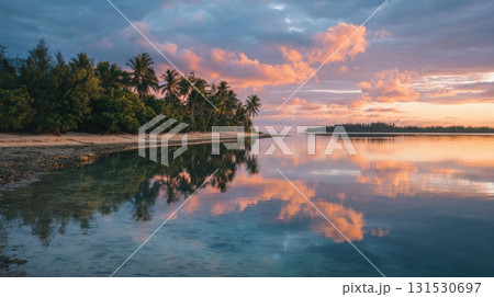 Tropical Beach Sunset With Palm Trees And Reflective Water. Serene Coastal Landscape 131530697
