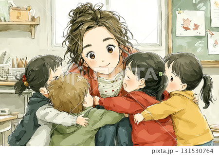 美優シリーズ：朝の保育シーン　登園してきた園児に囲まれる美優先生 131530764