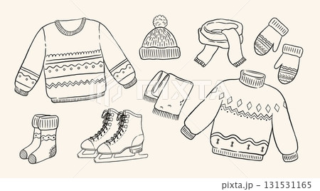 Vintage winter clothes and accessories set in hand drawn Style. Doodle knitted ugly sweaters, mittens, scarf, hat and ice skates vector illustration. 131531165
