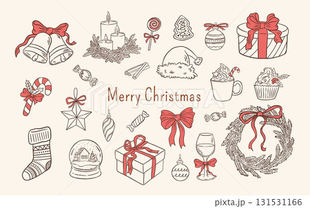Hand draw retro Merry Christmas set. Xmas decorations, wreath, Santa hat, gift box, bell, candles, bow vector illustrations. Happy New Year 131531166