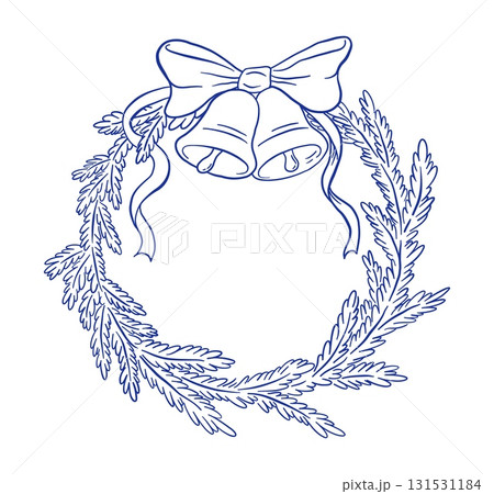 Hand draw retro Christmas wreath with fir tree branches and bells vector illustration. Doodle Xmas garland. 131531184