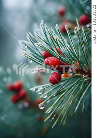 frosty pine needles with red berries, dew drops, shallow depth frosty pine needles with red berries, dew drops, shallow depth 131531322