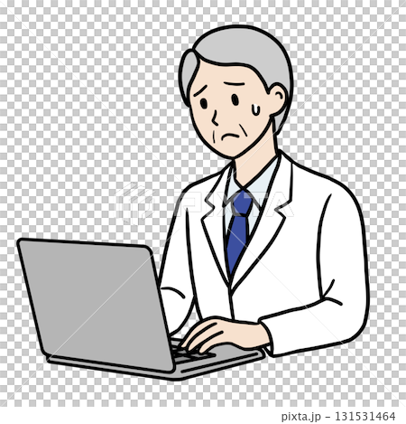 穿著白大褂的老人在電腦上工作（陷入困境） 131531464