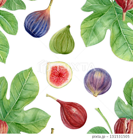 Figs and fig leaves watercolor seamless pattern. Hand-painted botanical illustration isolated on white. Perfect for food packaging, kitchen prints, cards, invitations, organic branding, natural design Figs and fig leaves watercolor seamless pattern. Hand-painted botanical illustration isolated on white. Perfect for food packaging, kitchen prints, cards, invitations, organic branding, natural design 131531505