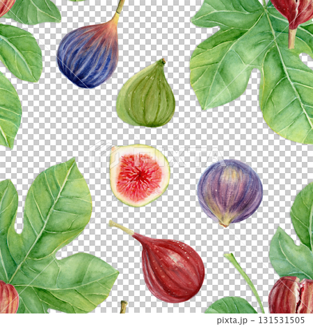 Figs and fig leaves watercolor seamless pattern. Hand-painted botanical illustration isolated on white. Perfect for food packaging, kitchen prints, cards, invitations, organic branding, natural design Figs and fig leaves watercolor seamless pattern. Hand-painted botanical illustration isolated on white. Perfect for food packaging, kitchen prints, cards, invitations, organic branding, natural design 131531505