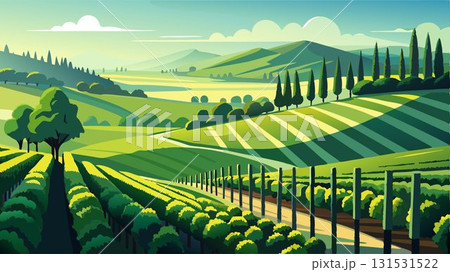 Rows of lush grapevines stretch across a sun-drenched hillside, their vibrant green leaves creating a picturesque vineyard scene that evokes feelings of tranquility, abundance, and the simple beauty Rows of lush grapevines stretch across a sun-drenched hillside, their vibrant green leaves creating a picturesque vineyard scene that evokes feelings of tranquility, abundance, and the simple beauty 131531522