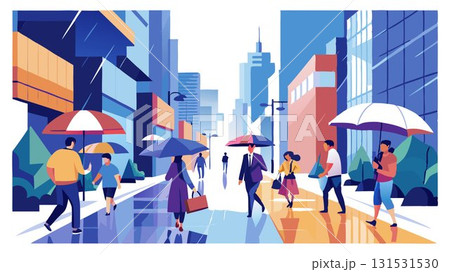 A sudden downpour on a bustling city street is transformed into a vibrant spectacle as pedestrians open their colorful umbrellas, creating a dynamic and visually arresting scene that captures the ene 131531530