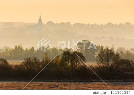 rural landscape on an autumn morning. row of trees along the empty fields. village with church on the hill behind the forest in the hazy distance rural landscape on an autumn morning. row of trees along the empty fields. village with church on the hill behind the forest in the hazy distance 131531534