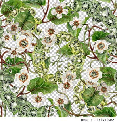 White blooming flowers, green kiwi leaves on a seamless pattern on a white background. Spring botanical template for home, children's, kitchen textiles, wrapping, wallpapers, for drinks, food design 131531562