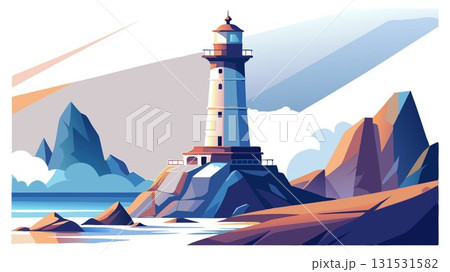 A majestic lighthouse, a beacon of hope and guidance, stands tall and proud on a rugged rocky coastline, its sturdy structure and powerful beam a testament to maritime history and navigational prowes 131531582