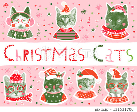 Cute and funny vector Christmas cat faces, Half tone collage designs for holiday banners and greeting cards 131531700