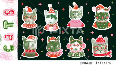 Christmas vector cat collage, funny cat faces with ugly sweaters and scarf for holiday graphic design and posters 131531701