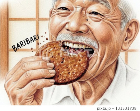 醤油せんべいを食べる笑顔の高齢男性イラスト 131531739