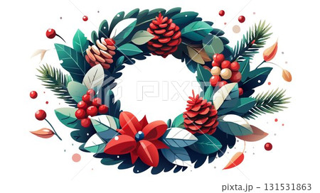 This traditional Christmas wreath, crafted from natural pinecones and red berries, captures the essence of rustic charm and holiday spirit, its warm colors and organic textures creating a heartwarmin 131531863