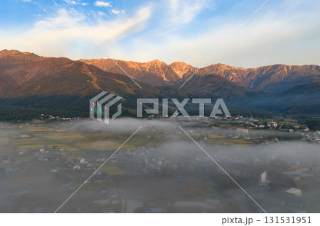 早朝の雲海に透ける白馬の街並みと朝日に輝く白馬三山　長野県白馬村（ドローンによる空撮） 131531951