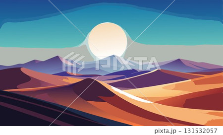 Long shadows stretch across the sand dunes of a calm desert landscape as a mystical full moon casts its ethereal glow, creating a breathtaking and serene scene that evokes feelings of tranquility, my 131532057