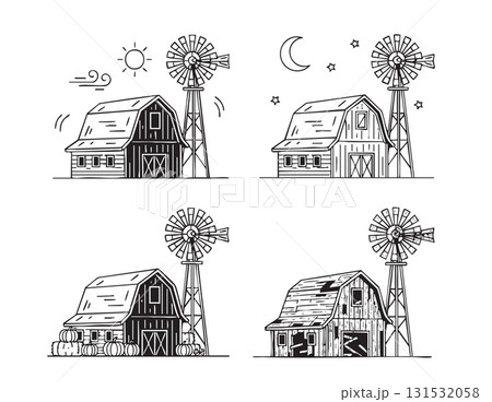 Classic American barn and windmill illustrations showing day, night, seasonal harvest, and an aged, rustic version. 131532058