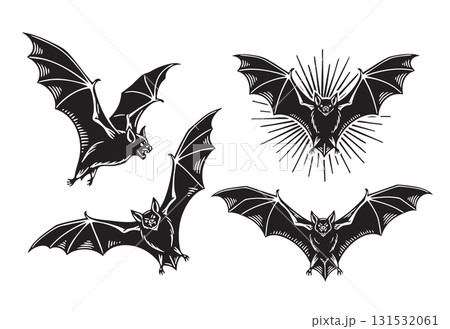 Striking silhouette vector set of bats in flight, perfect for Halloween, nature, or gothic-themed design projects. 131532061